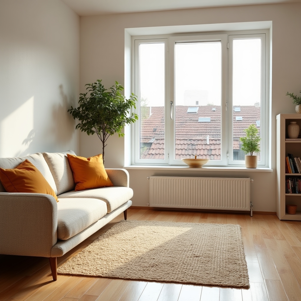 Interior modern de apartament din Cluj, cameră de zi luminoasă cu decor cald