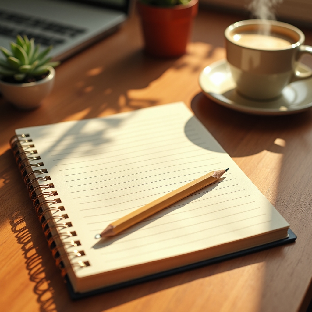 Jurnal de cheltuieli deschis pe un birou cu lumină caldă, alături de o ceașcă de cafea